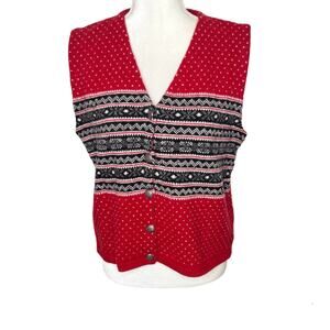 EDDIE BAUER VINTAGE Women's Nordic Fair Isle Sweater Vest Lambswool Red Gray Med